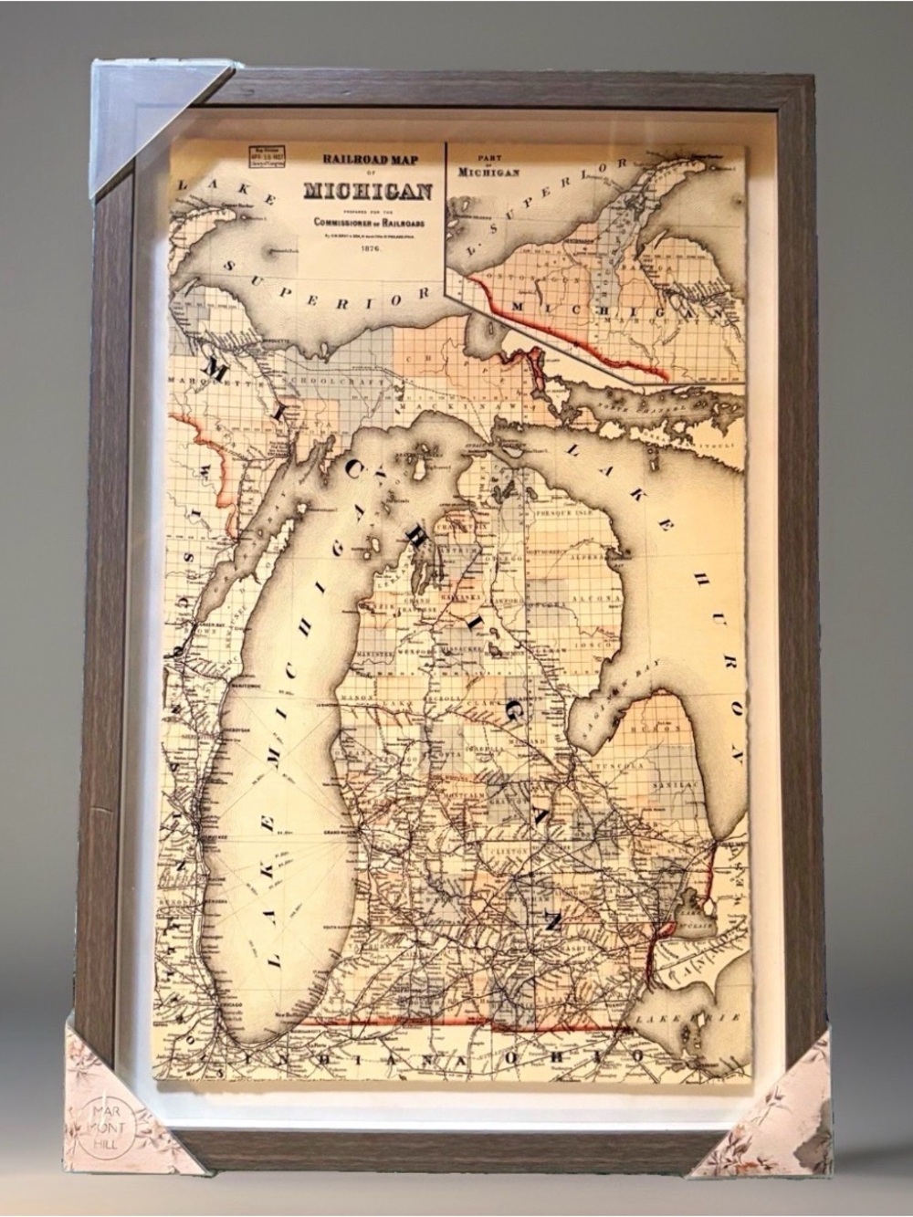 Marmont Hill Railroad Map of Michigan Framed Print - 1876 Vintage Style NEW!!